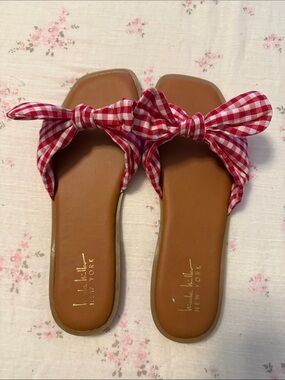 Nicole Miller Red Gingham Bow Slide Sandals with Tan Footbed